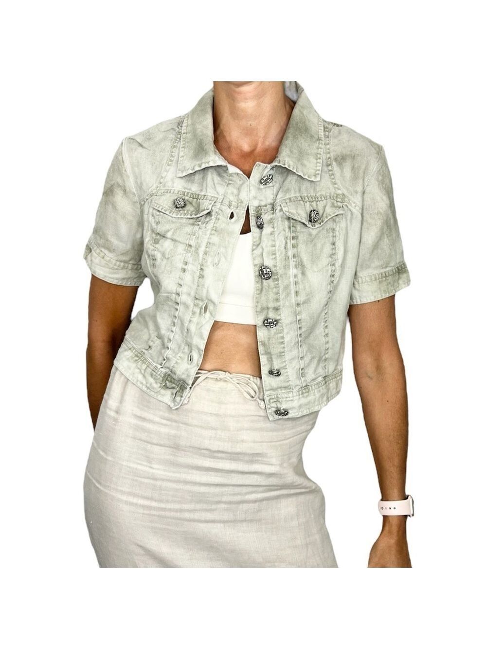 YEST pure linen muted sage green beige cropped short sleeve jacket top 4